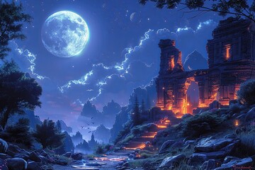 Vibrant Nightfall: Temple Ruins in Mountain Gorge Landscape