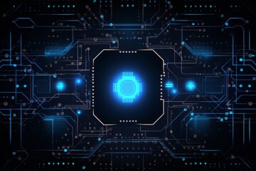 Fototapeta premium The image is of a computer chip with a glowing blue light in the center. The chip is surrounded by a complex network of circuitry. The image is set against a black background.