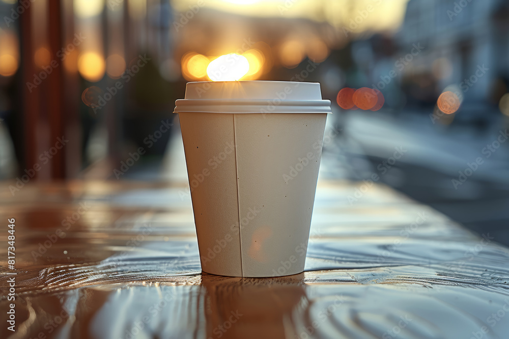 Poster an empty white cardboard coffee cup, ready for custom branding, representing simple mockup designs. 