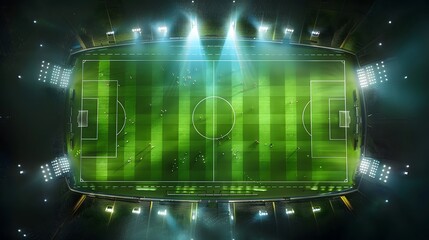 Aerial top view Football stadium arena for match with spotlight. Soccer sport background, green grass field for competition champion match.