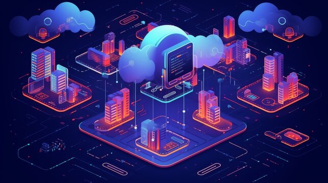 The image shows a conceptual illustration of a cloud-based data storage and computing platform.