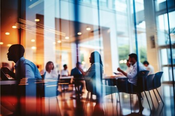 Blurred view of a business meeting in a glass conference room - teamwork - corporate environment - business collaboration