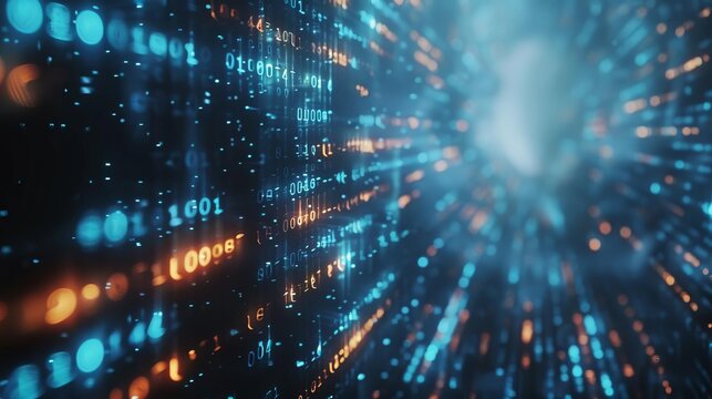 Magazine style visualization of binary code streaming across a futuristic interface