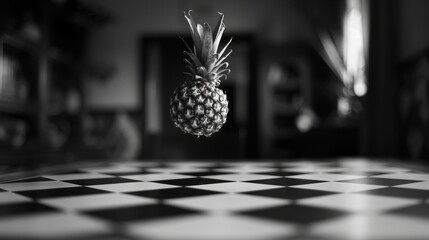 Pineapple and chess pawn on a chessboard for a modern or contemporary design