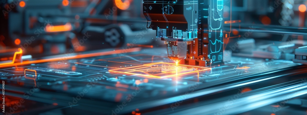 Poster a detailed illustration of a 3d printer creating a complex object, surrounded by digital blueprints 