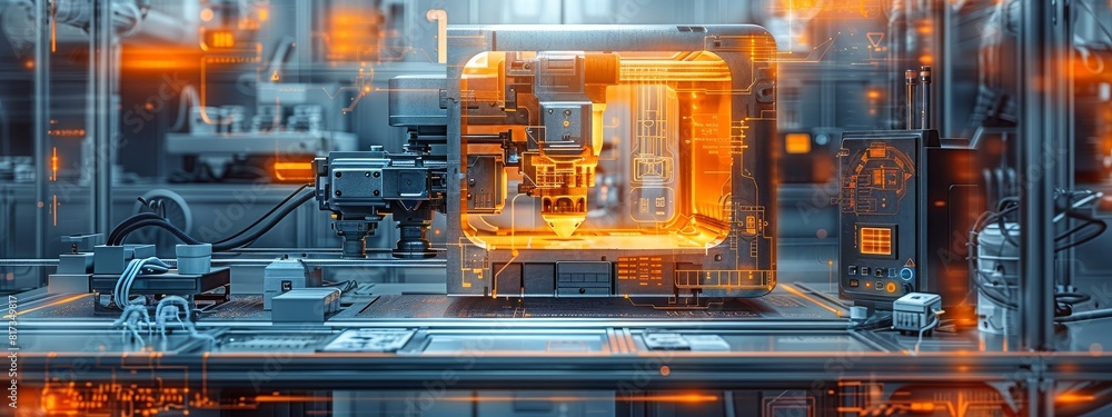 Poster a detailed illustration of a 3d printer creating a complex object, surrounded by digital blueprints 