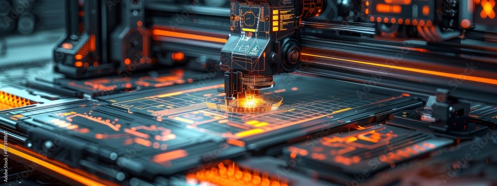 Poster a detailed illustration of a 3d printer creating a complex object, surrounded by digital blueprints 