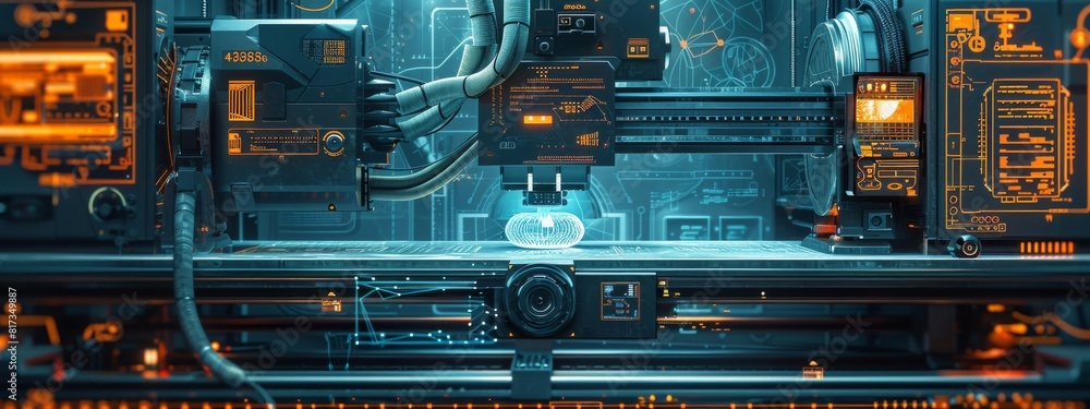Poster a detailed illustration of a 3d printer creating a complex object, surrounded by digital blueprints 