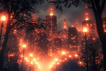 Obraz premium Foggy Tokyo Cityscape: Illuminated Evening Lights 8K Ultra Render Display Urban Landscape