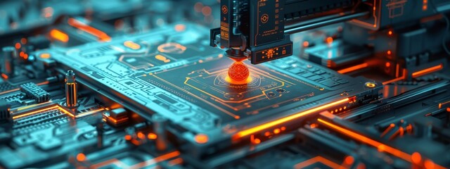 A detailed illustration of a 3D printer creating a complex object, surrounded by digital blueprints and tech elements.
