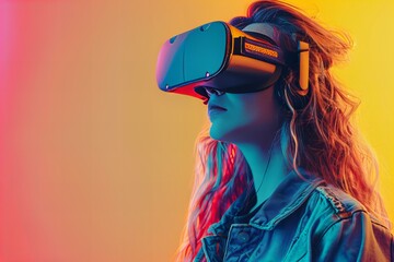 A woman wearing a virtual reality headset in front of a colorful background