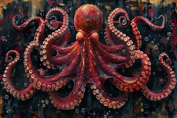 Giant Red Octopus: Intricate Digital Artwork with Magenta and Black Tentacles