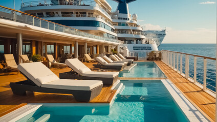 Obraz premium Empty sun loungers on the deck of a luxury cruise ship