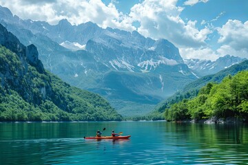 Canoer on lake with mountain views