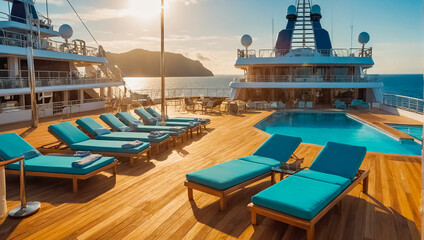 Empty sun loungers on the deck of a luxury cruise ship relaxation