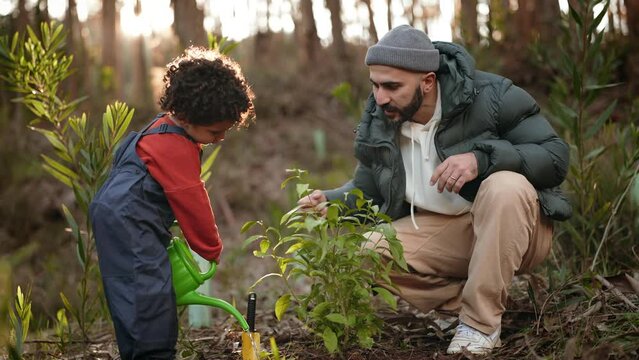 Heartwarming scene of father-son bonding as they plant a tree in the forest. A curly-haired boy waters a sapling with his dad guiding him.