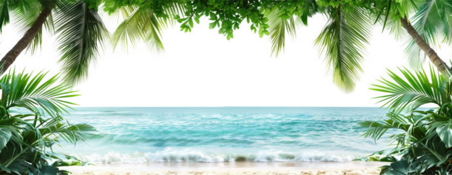 Beach with ocean and palm leaves isolated on transparent background.