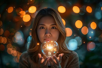 Naklejka premium Woman holding a light bulb in front of her face