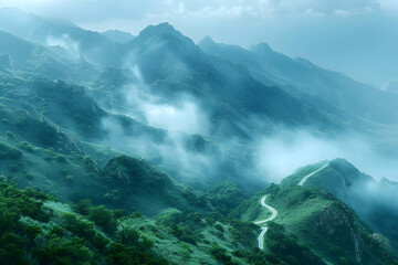 Foggy Dawn Ascension: Winding Road Vanishes into Mountainside