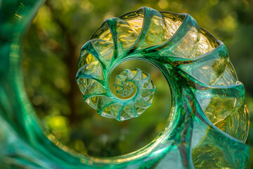 Green fractal spiral construction of glass or plastic resembling a tentacle or vegetation