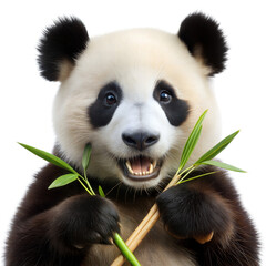 Naklejka premium A panda bear is holding a green bamboo stick in its mouth