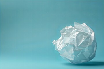 Close up of crumpled white paper on blue background