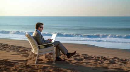 A professional in a suit sits comfortably on a wicker chair positioned on the sandy shore, focused on a laptop with the ocean waves and sunset in the background - Generative AI