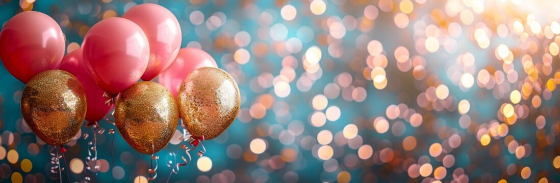 Elegant pink and gold balloons with sparkling confetti and glowing bokeh