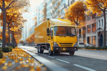 Obraz premium Yellow truck driving through city road with trees in background
