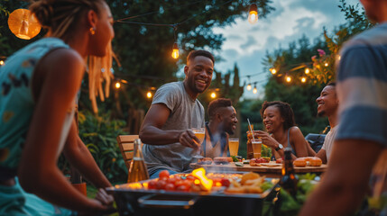 Gathered friends laugh and share stories around a grill with food and drinks during a relaxing evening outdoors, with ambient string lights adding warmth - Generative AI