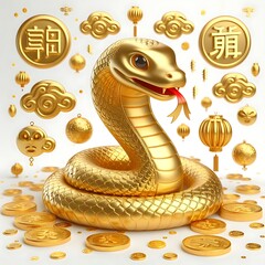 Fototapeta premium 3d chinese happy gold snake with happy face, lunar new year theme, white background