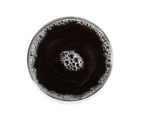 Full glass of beer isolated on white, top view