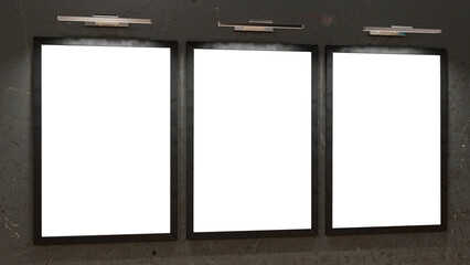 Three blank frames on concrete wall gallery mockup