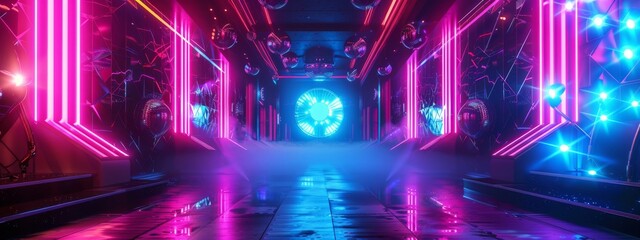 A dynamic, dance club background with neon lights and abstract patterns.