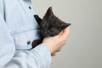 Woman with cute fluffy kitten on grey background, closeup. Space for text