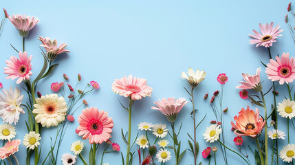 Various flowers on pastel blue background with copy space. 