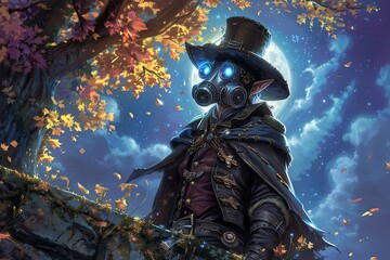 Alchemical Elf in Gasmask: Moonlit Night with Top Hat and Goggles