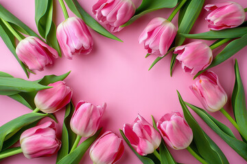 Pink tulip flowers round border  on pink background, top view.