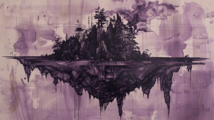Purple floating island in a dreamy sky for fantasy themed designs