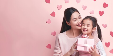 Mother and daughter sharing loving moment with Valentine's Day gifts and hearts