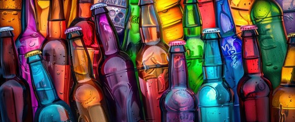 Obraz premium Abstract Beer Bottles, Bold Colors, Fragmented Forms, International Beer Day Background