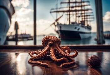 'octopus ship perilous engraving adventure boat voyage nautical pirate water night ocean white...