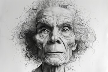 Realistic Line Drawing of a Kind Old Man with Thin Hair and Weary Eyes