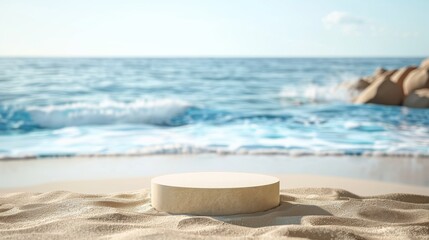 Obraz premium Serene beach with empty podium display on Sandy shoreline under clear sky