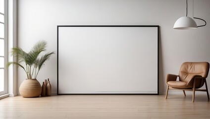 A blank horizontal white board screen frame is on a wooden floor in front of a white wall. Modern empty living room interior with white wall