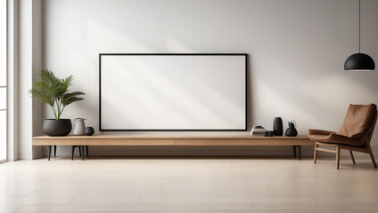Obraz premium A blank horizontal white board screen frame is on a wooden floor in front of a white wall. Modern empty living room interior with white wall