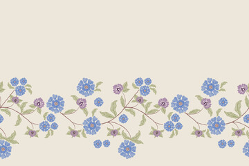 Floral tapestry pattern seamless border embroidery textured Ikat minimal vintage ethnic blue flowers design hand drawn vector illustration. 