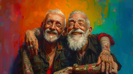 Illustration of a gay elderly male couple hugging. Senior homosexual boyfriends with tattoos & piercings cuddling during pride month. Rainbow background. Abstract painting. Copy space