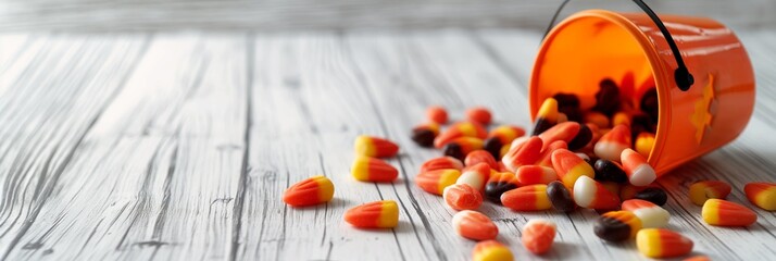 Candy corn sweets spilled from a small orange bucket on a wooden background suggesting Halloween treats - Powered by Adobe