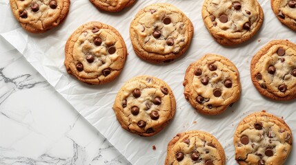 a sheet of paper with baked chocolate chip cookies from above